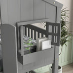 Twin over Twin House Bunk Bed with Roof, Window, Window Box, Door, with Safety Guardrails and Ladder, Grey