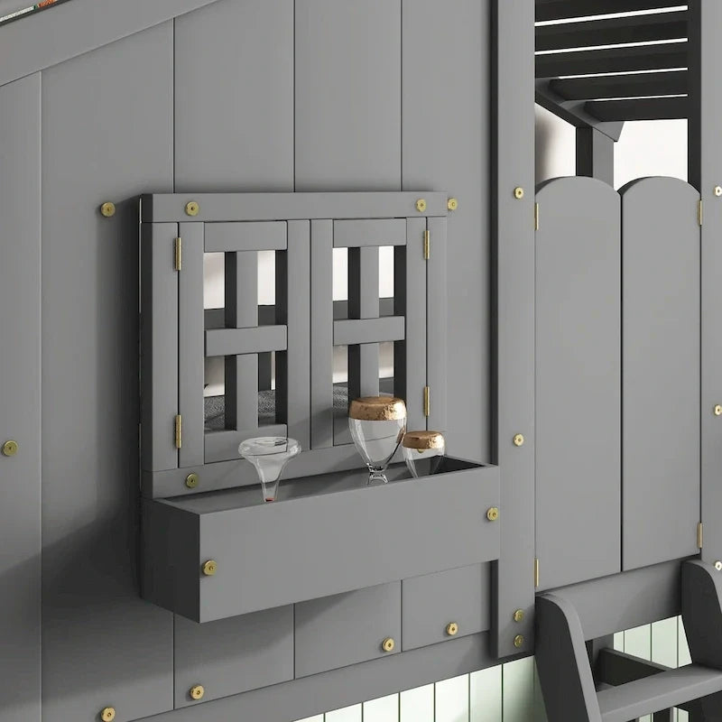 Twin over Twin House Bunk Bed with Roof, Window, Window Box, Door, with Safety Guardrails and Ladder, Grey