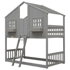 Twin over Twin House Bunk Bed with Roof, Window, Window Box, Door, with Safety Guardrails and Ladder, Grey