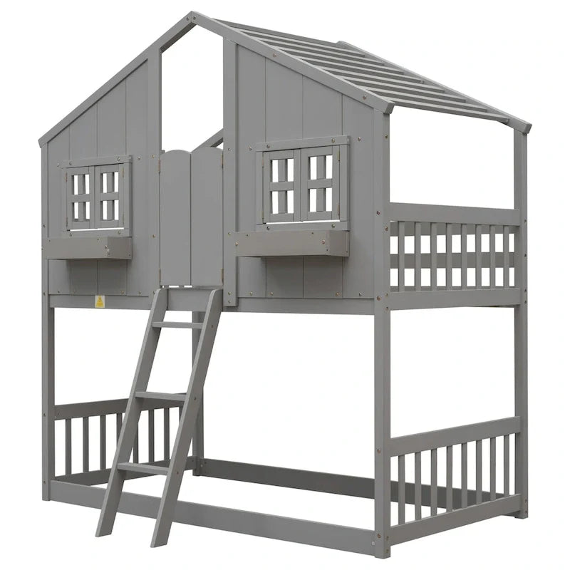 Twin over Twin House Bunk Bed with Roof, Window, Window Box, Door, with Safety Guardrails and Ladder, Grey