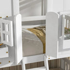 Twin over Twin House Bunk Bed with Roof, Window, Window Box, Door, with Safety Guardrails and Ladder, Grey