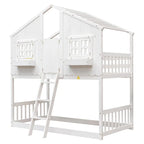 Twin over Twin House Bunk Bed with Roof, Window, Window Box, Door, with Safety Guardrails and Ladder, Grey