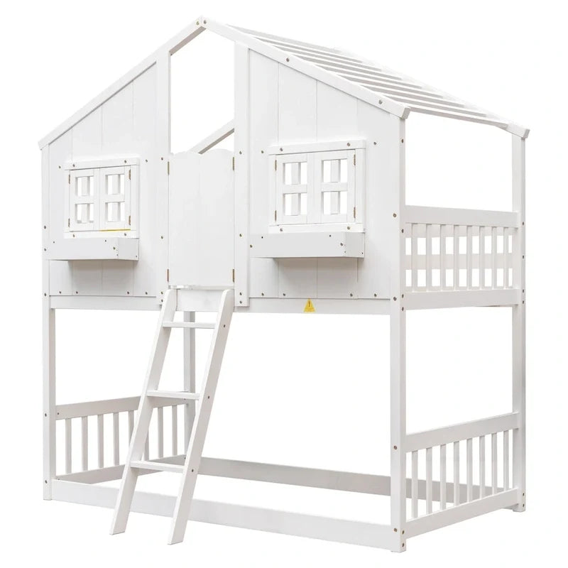 Twin over Twin House Bunk Bed with Roof, Window, Window Box, Door, with Safety Guardrails and Ladder, Grey