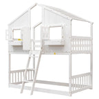 Twin over Twin House Bunk Bed with Roof, Window, Window Box, Door, with Safety Guardrails and Ladder, Grey