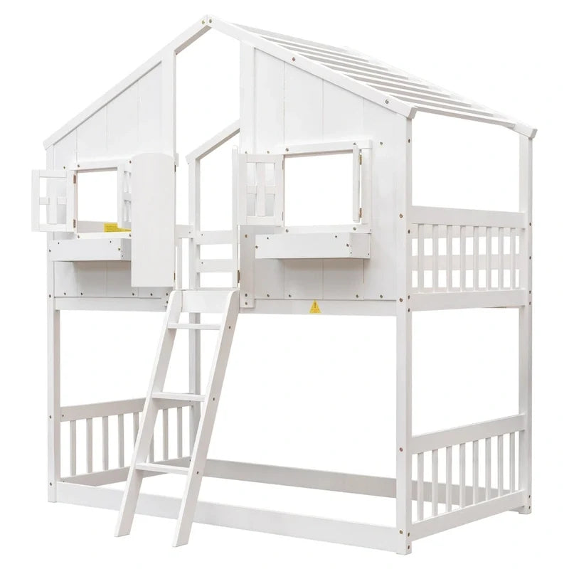 Twin over Twin House Bunk Bed with Roof, Window, Window Box, Door, with Safety Guardrails and Ladder, Grey