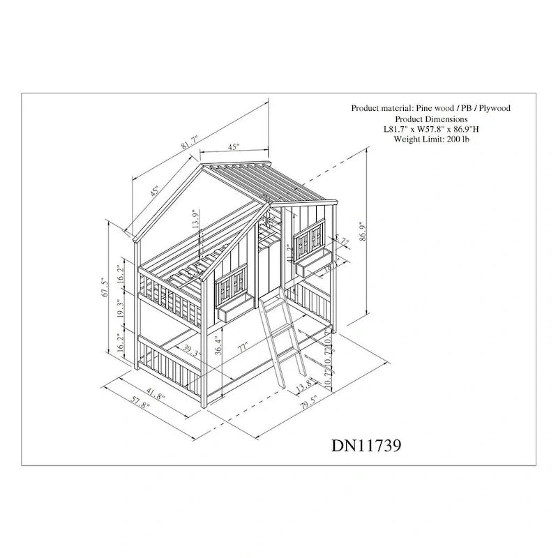Twin over Twin House Bunk Bed with Roof, Window, Window Box, Door, with Safety Guardrails and Ladder, Grey
