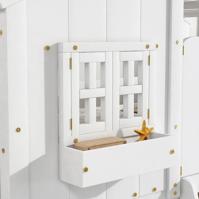 Twin over Twin House Bunk Bed with Roof, Window, Window Box, Door, with Safety Guardrails and Ladder, Grey