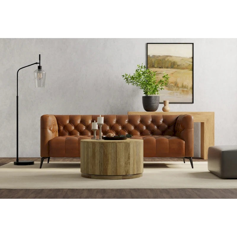 Table basse ronde mi-siècle en placage de noyer