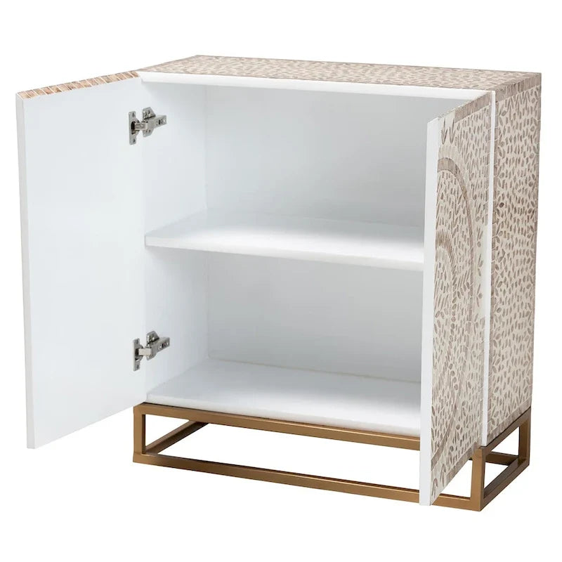Modern Bohemian White and Rustic Brown Mother of Pearl Storage Cabinet