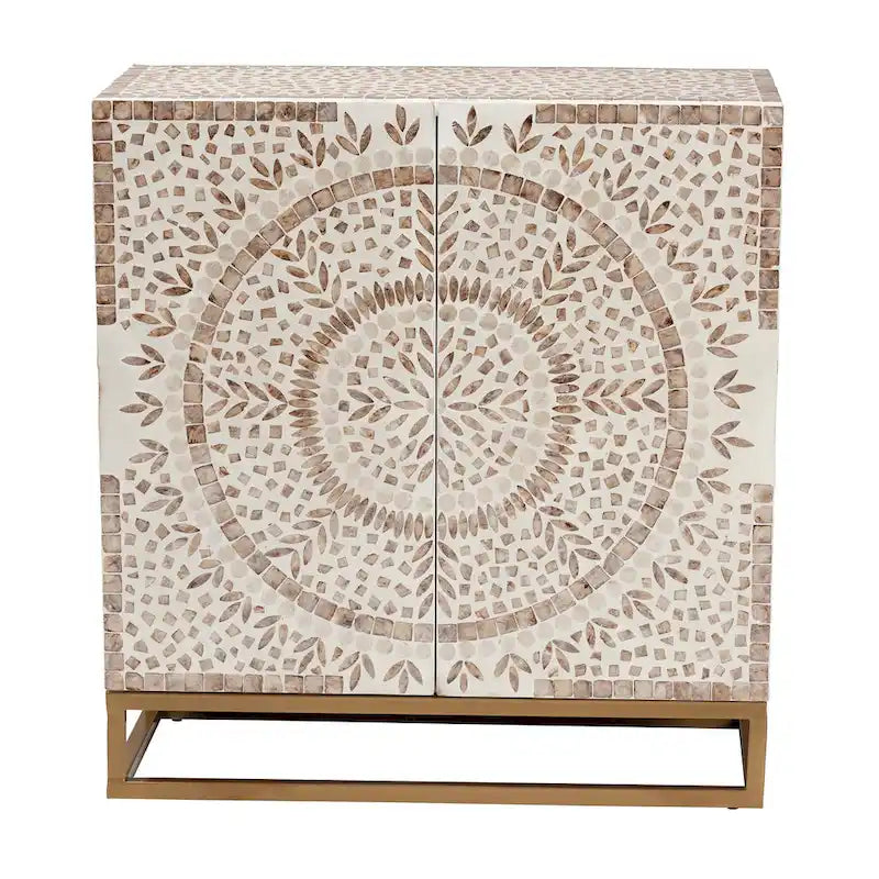 Modern Bohemian White and Rustic Brown Mother of Pearl Storage Cabinet
