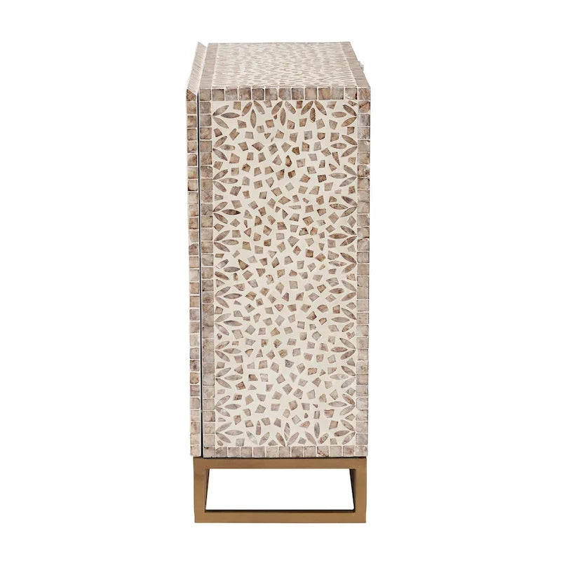 Modern Bohemian White and Rustic Brown Mother of Pearl Storage Cabinet