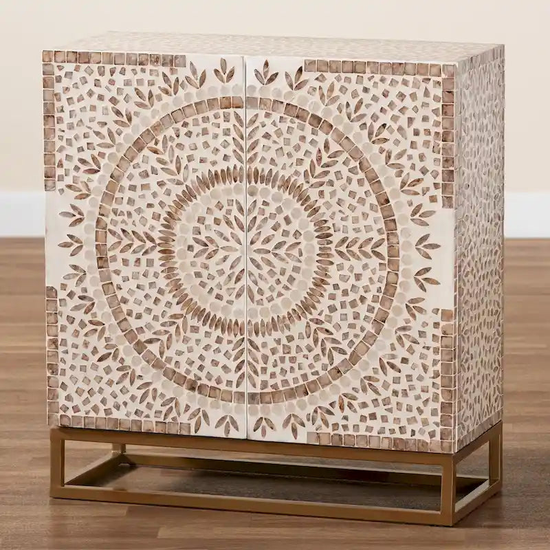 Modern Bohemian White and Rustic Brown Mother of Pearl Storage Cabinet