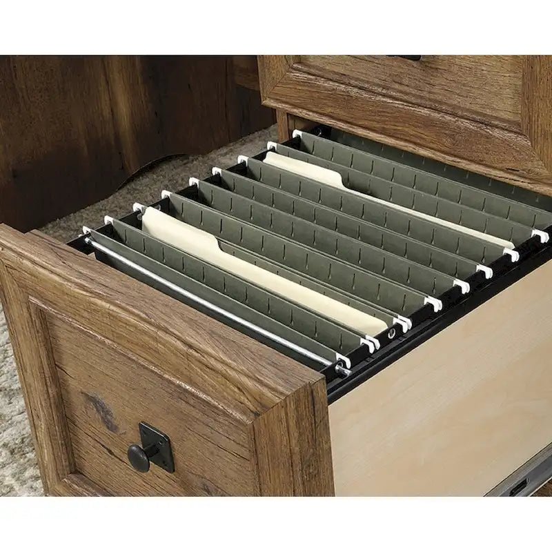 Bureau de direction vintage en chêne avec tablette coulissante pour clavier et tiroirs de classement