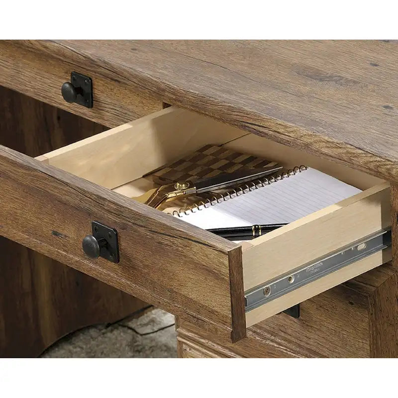 Bureau de direction vintage en chêne avec tablette coulissante pour clavier et tiroirs de classement