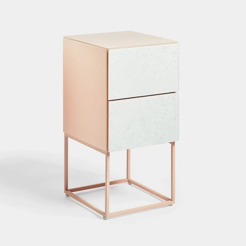 Tempered Glass Marble Stone Double Drawer Nightstand Bedside Table for Bedroom, Living Room