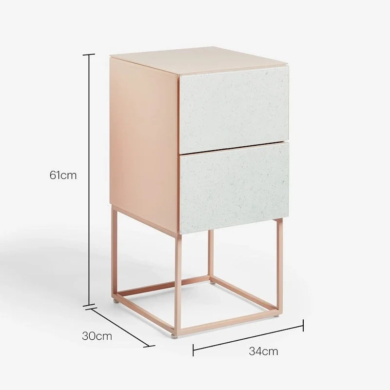 Tempered Glass Marble Stone Double Drawer Nightstand Bedside Table for Bedroom, Living Room