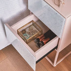 Tempered Glass Marble Stone Double Drawer Nightstand Bedside Table for Bedroom, Living Room