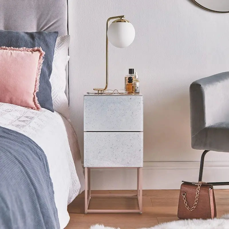 Tempered Glass Marble Stone Double Drawer Nightstand Bedside Table for Bedroom, Living Room