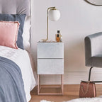 Tempered Glass Marble Stone Double Drawer Nightstand Bedside Table for Bedroom, Living Room