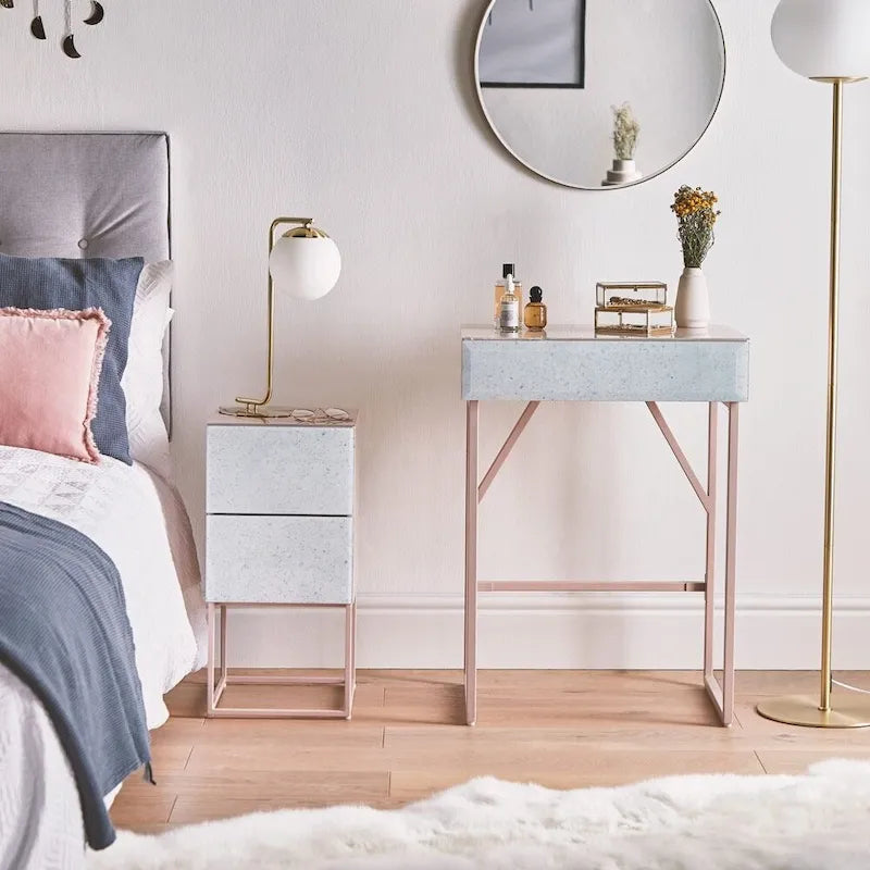 Tempered Glass Marble Stone Double Drawer Nightstand Bedside Table for Bedroom, Living Room