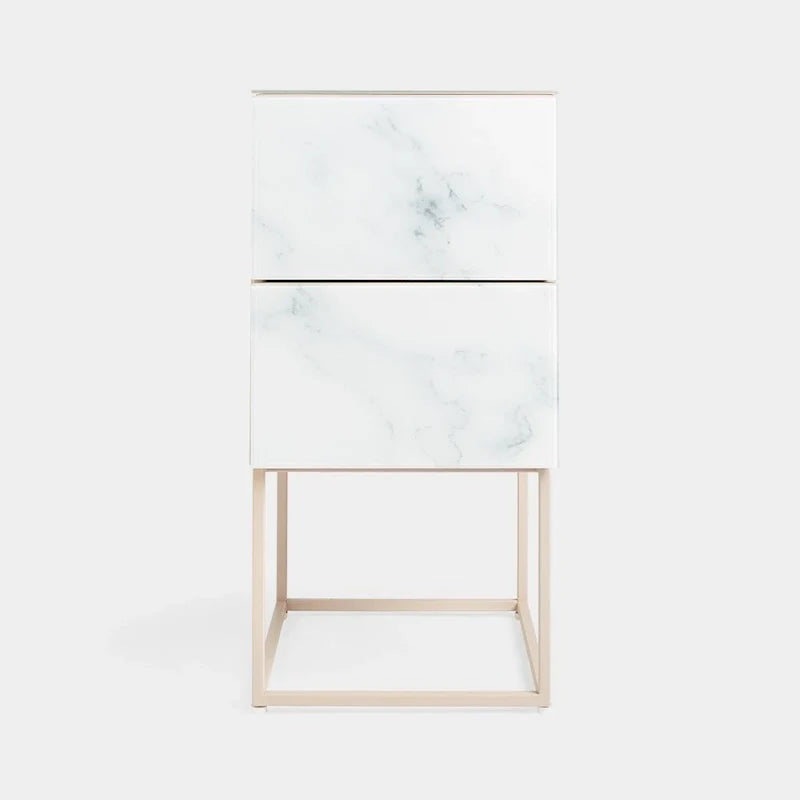 Tempered Glass Marble Stone Double Drawer Nightstand Bedside Table for Bedroom, Living Room