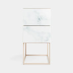Tempered Glass Marble Stone Double Drawer Nightstand Bedside Table for Bedroom, Living Room