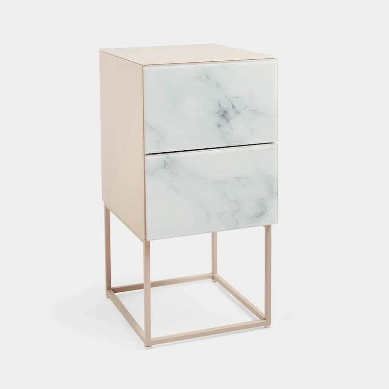 Tempered Glass Marble Stone Double Drawer Nightstand Bedside Table for Bedroom, Living Room