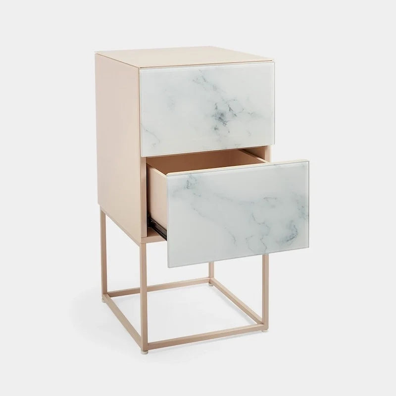 Tempered Glass Marble Stone Double Drawer Nightstand Bedside Table for Bedroom, Living Room