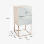 Tempered Glass Marble Stone Double Drawer Nightstand Bedside Table for Bedroom, Living Room