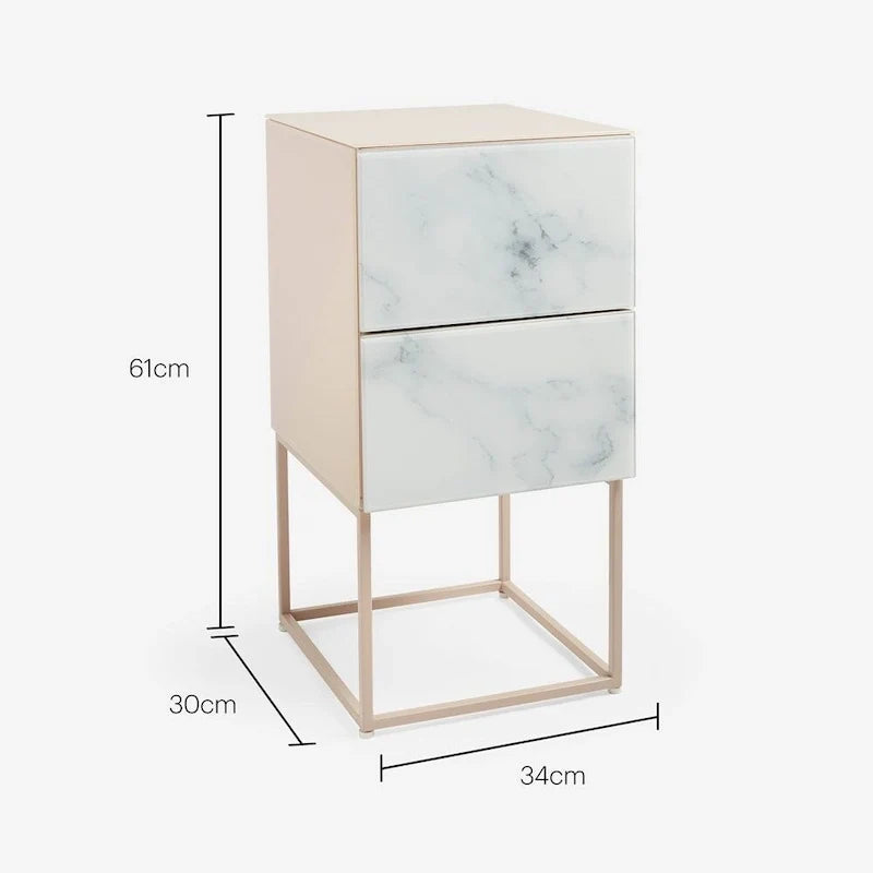 Tempered Glass Marble Stone Double Drawer Nightstand Bedside Table for Bedroom, Living Room