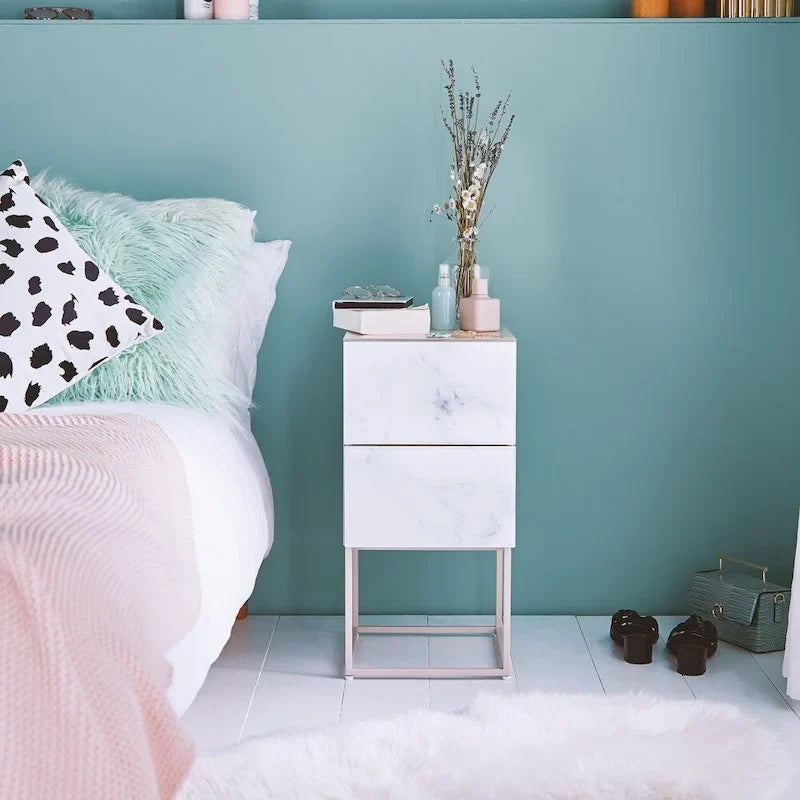 Tempered Glass Marble Stone Double Drawer Nightstand Bedside Table for Bedroom, Living Room