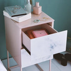 Tempered Glass Marble Stone Double Drawer Nightstand Bedside Table for Bedroom, Living Room