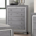 Lit capitonné gris contemporain avec éclairage LED et commode