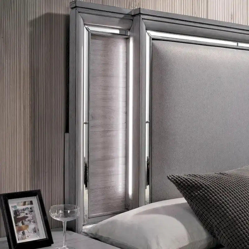 Lit capitonné gris contemporain avec éclairage LED et commode