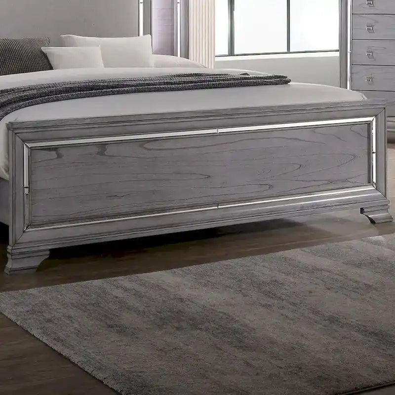Lit capitonné gris contemporain avec éclairage LED et commode