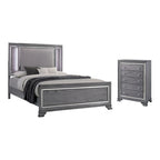 Lit capitonné gris contemporain avec éclairage LED et commode