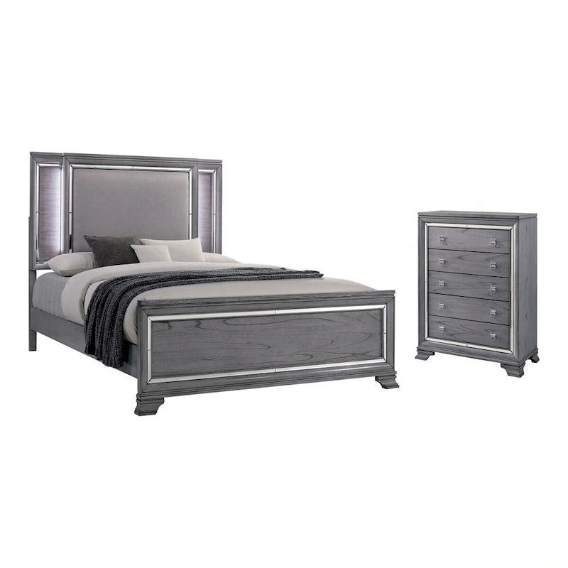 Lit capitonné gris contemporain avec éclairage LED et commode