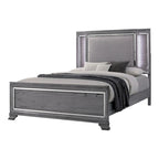 Lit capitonné gris contemporain avec éclairage LED et commode