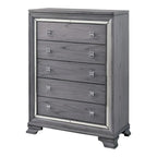 Lit capitonné gris contemporain avec éclairage LED et commode