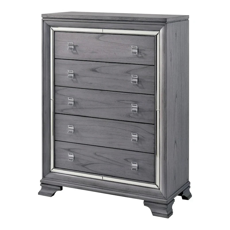 Lit capitonné gris contemporain avec éclairage LED et commode
