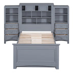 Cadre de lit plateforme en bois double avec armoire verticale tout-en-un et 4 tiroirs de chaque côté