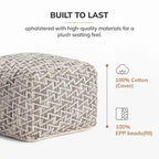Pouf carré en coton de 22 pouces, repose-pieds artisanal pour salon, chambre à coucher, patio