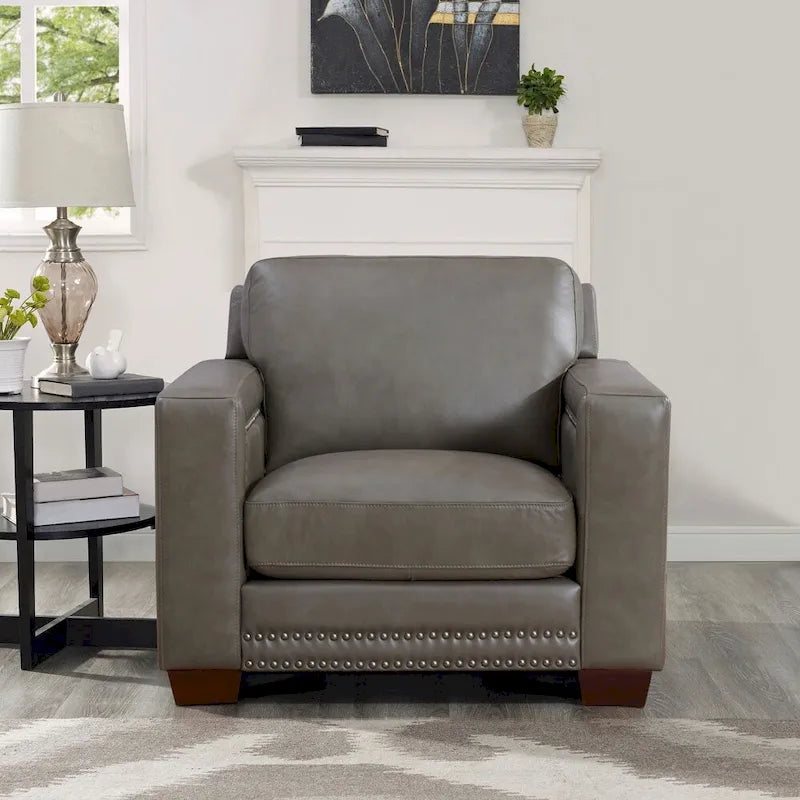 Fauteuil en cuir pleine fleur avec coussins en plumes d'oie et ressorts ensachés
