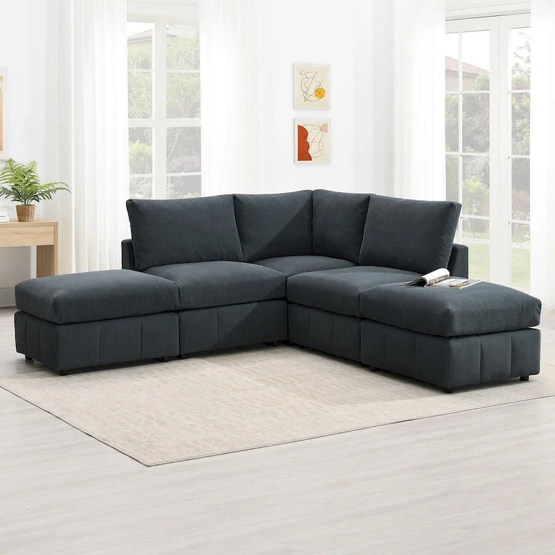 Modern L-Shape 5-Seat Sectional Sofa, Armless Couch Set,Ottomans,Various Combinations,Dark Gray