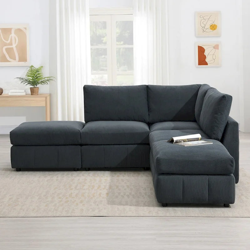 Canapé d'angle moderne 5 places en L, ensemble de canapés sans accoudoirs, poufs, diverses combinaisons, gris foncé