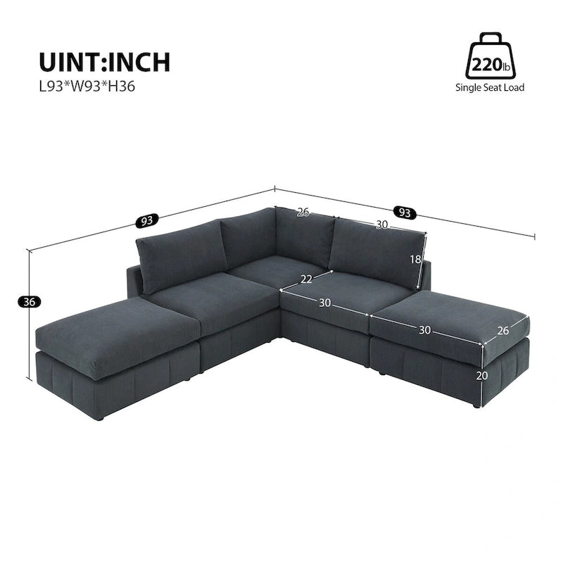 Canapé d'angle moderne 5 places en L, ensemble de canapés sans accoudoirs, poufs, diverses combinaisons, gris foncé