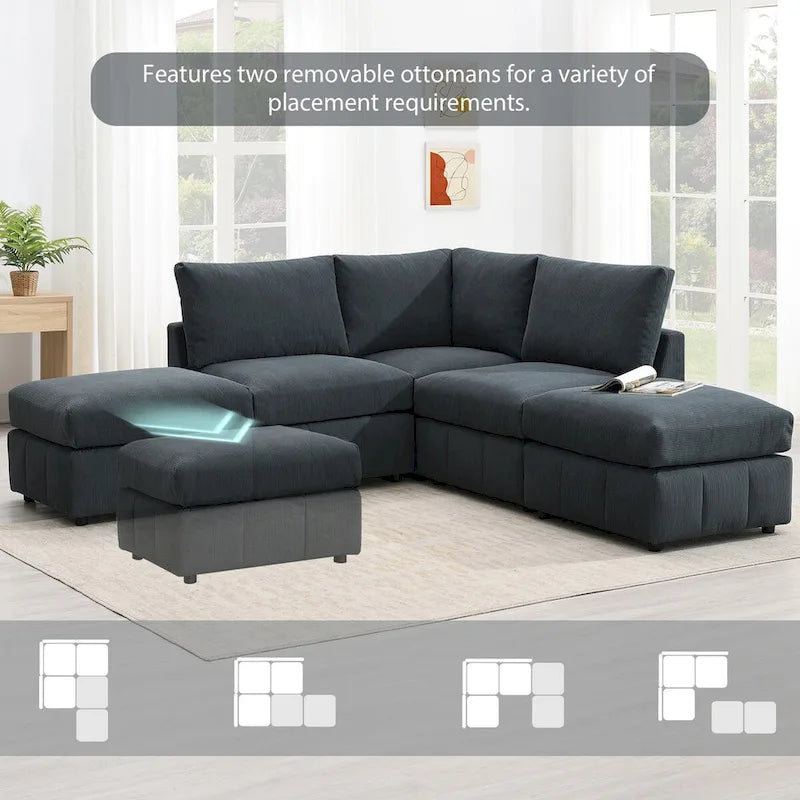 Canapé d'angle moderne 5 places en L, ensemble de canapés sans accoudoirs, poufs, diverses combinaisons, gris foncé