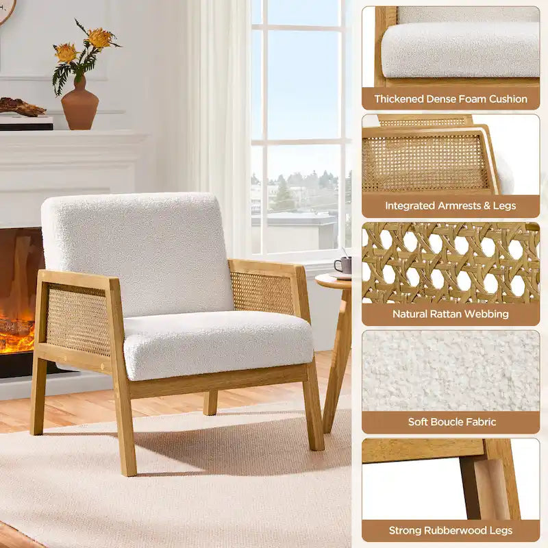 Fauteuil d'appoint moderne rembourré en tissu avec accoudoirs en rotin