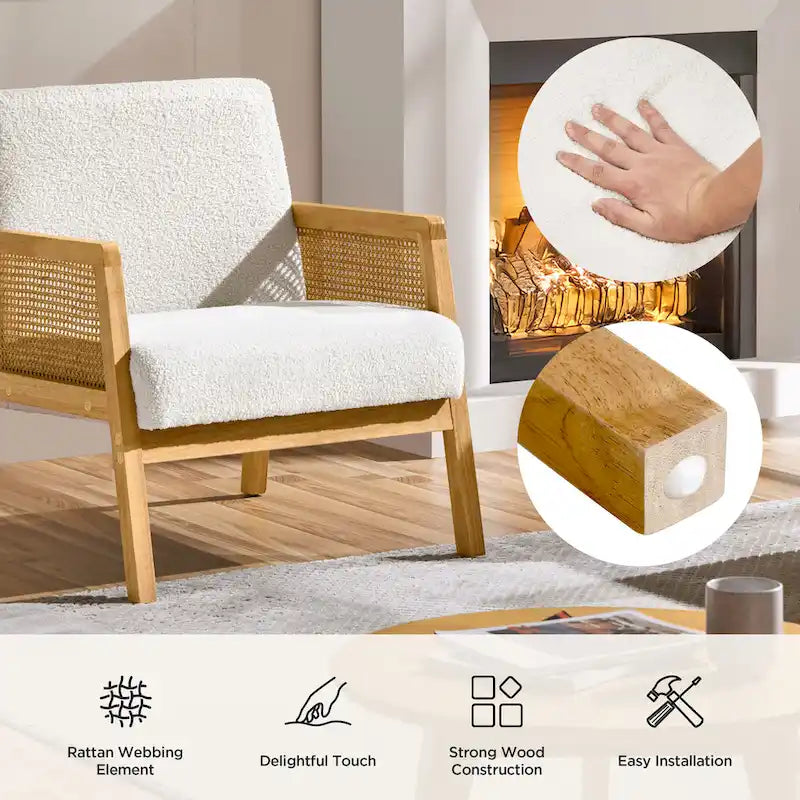 Fauteuil d'appoint moderne rembourré en tissu avec accoudoirs en rotin