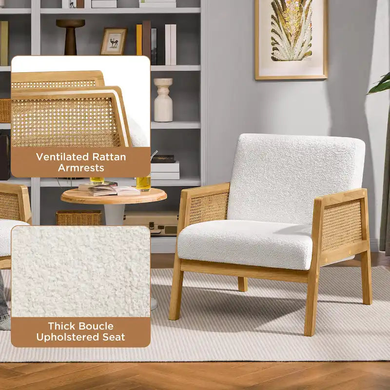 Fauteuil d'appoint moderne rembourré en tissu avec accoudoirs en rotin